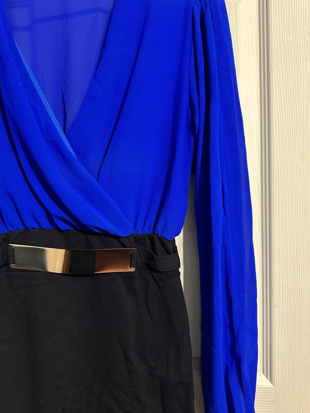 Royal Blue and Black Surplice Long-Sleeve Dress - Picture 4 of 4